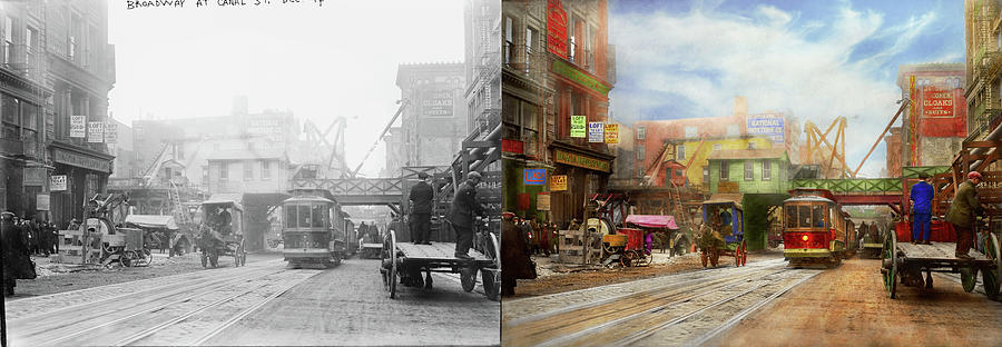 City - NY - Broadway at Canal St 1913 - Side by Side Photograph by Mike Savad