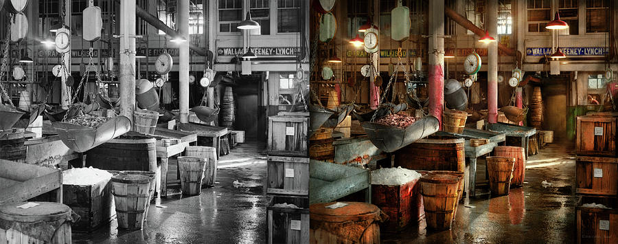 City - NY - Inside the Fulton Fish Market 1954 - Side by Side Photograph by Mike Savad