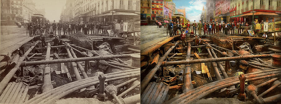 City - NY - Pipe maze 1891 - Side by Side Photograph by Mike Savad