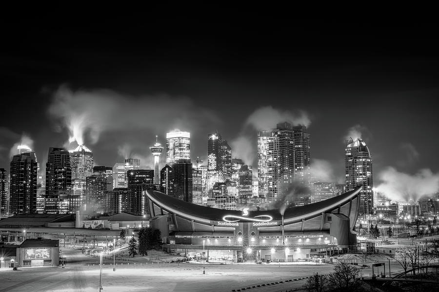 Calgary Saddledome - Black and White during winter Photograph by Yves Gagnon