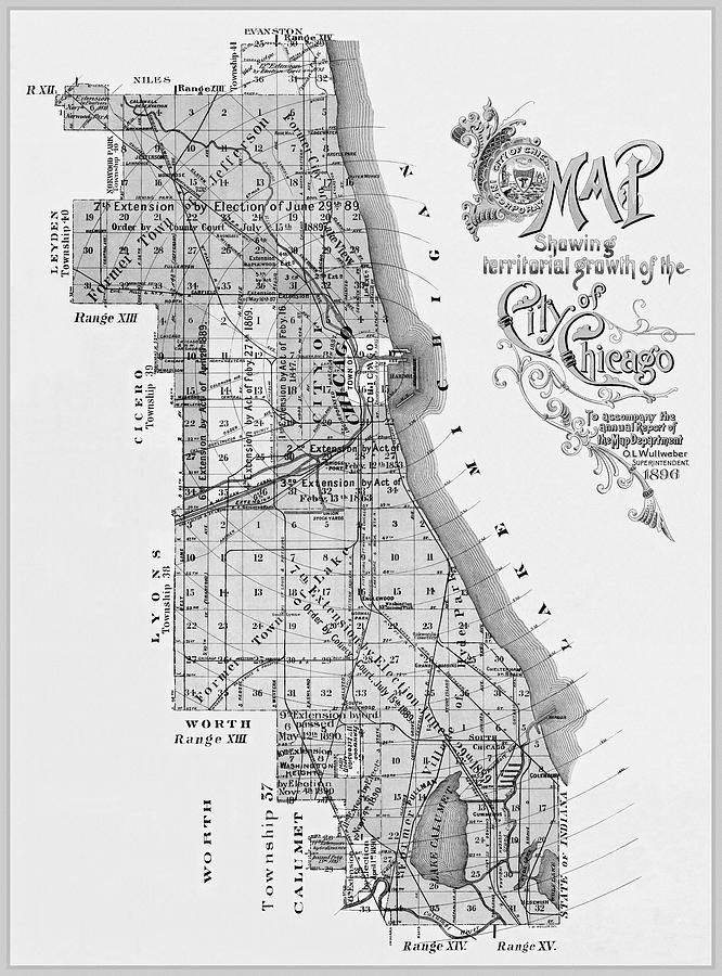 City of Chicago Antique Map 1896 Black and White  Photograph by Carol Japp