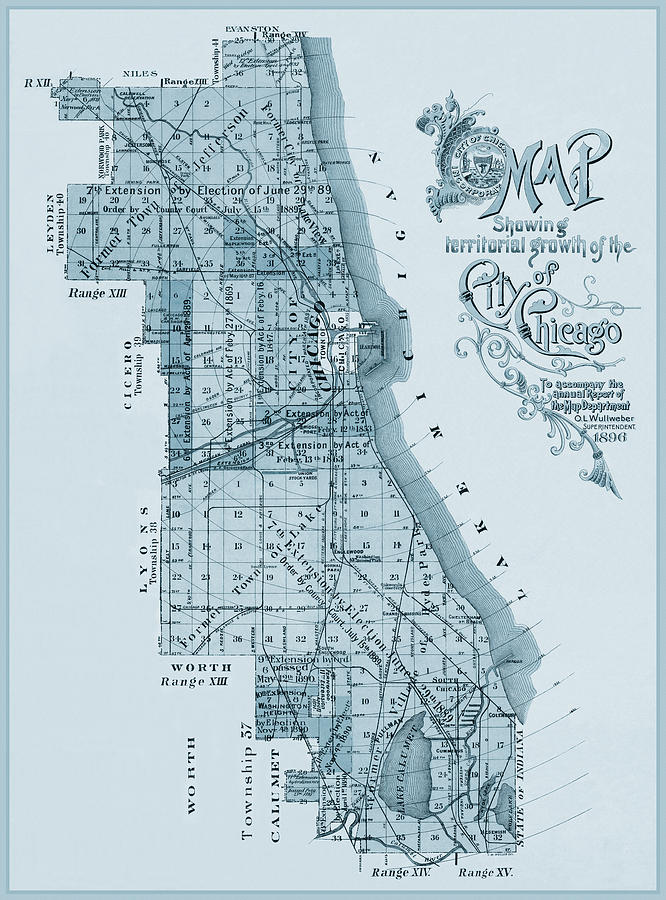 City of Chicago Antique Map 1896 Blue  Photograph by Carol Japp