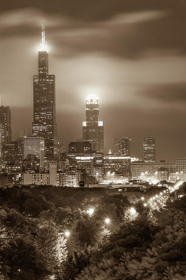 Chicago Photograph - City of Chicago Skyline Over the Trees in Sepia by Gregory Ballos