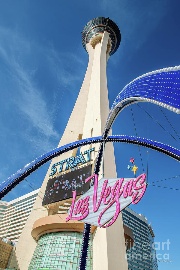City of Las Vegas Arch and the Strat From Below Portrait Photograph by Aloha Art