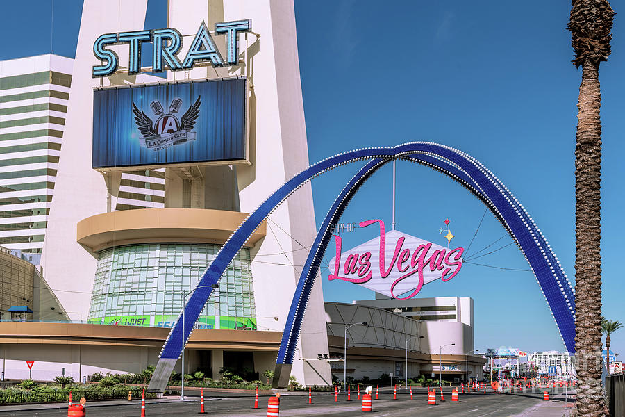 City of Las Vegas Arch and the Strat Close Photograph by Aloha Art - Fine  Art America