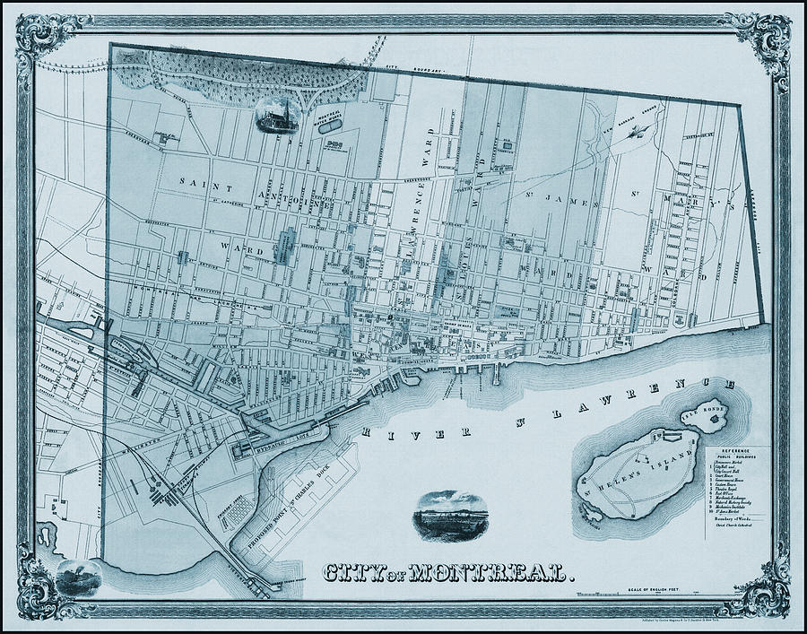 Vintage Photograph - City of Montreal Canada Vintage Map 1863 Blue  by Carol Japp