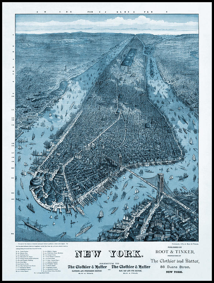 New York Map Photograph - City of New York Map Vintage Aerial View 1879 Blue by Carol Japp