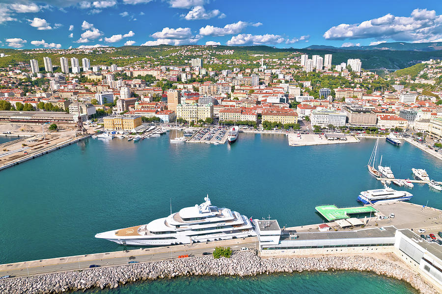 City of Rijeka waterfront and luxury yacht harbor aerial view Photograph by Brch Photography