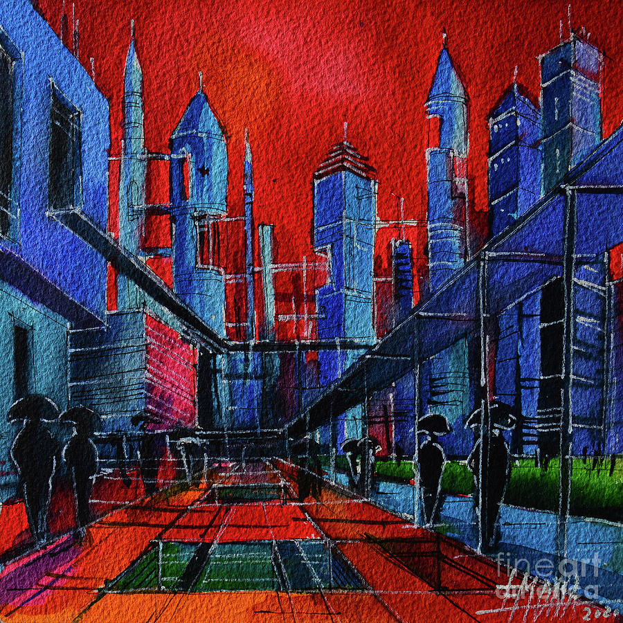 CITY OF THE FUTURE commissioned watercolor painting Mona Edulesco Painting by Mona Edulesco