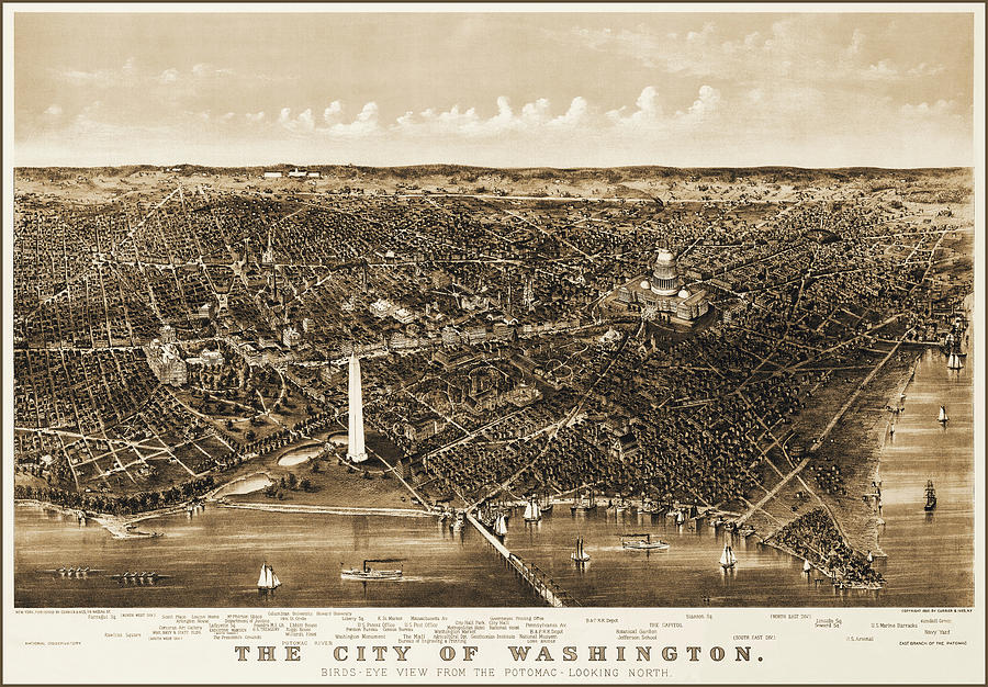 Georgetown University Photograph - City of Washington DC Map Birds Eye View 1892 Sepia  by Carol Japp