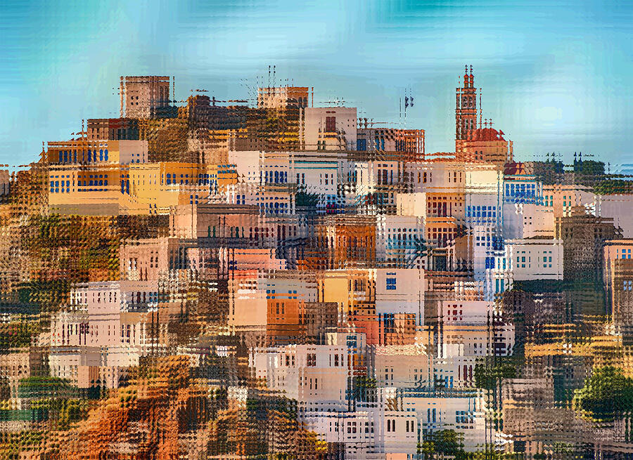 City on a Hill Abstract Surreal Realism Mixed Media by Shelli Fitzpatrick