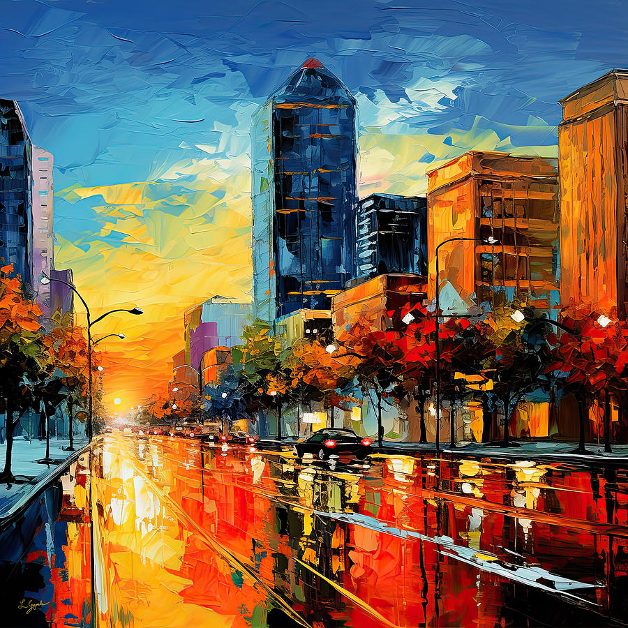 City on Fire - Downtown Louisville Sunset Painting by Lourry Legarde