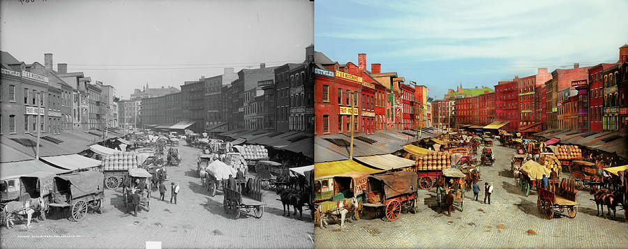 City - Philadelphia PA - The market on Dock St 1908 - Side by Side Photograph by Mike Savad