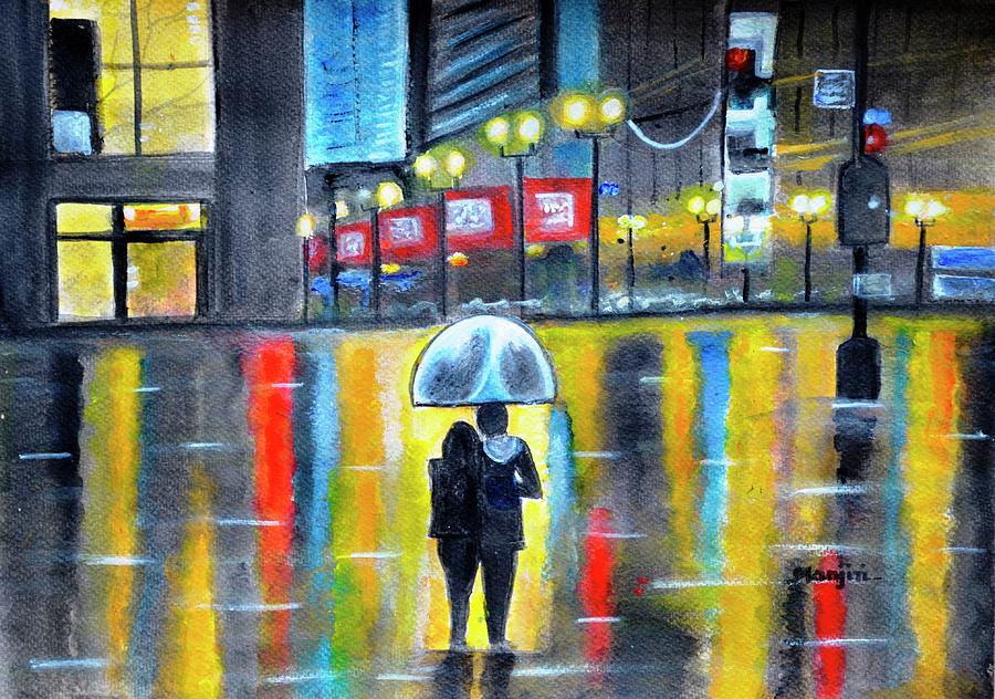 City Romance in the rain valentine gift art Painting by Manjiri Kanvinde