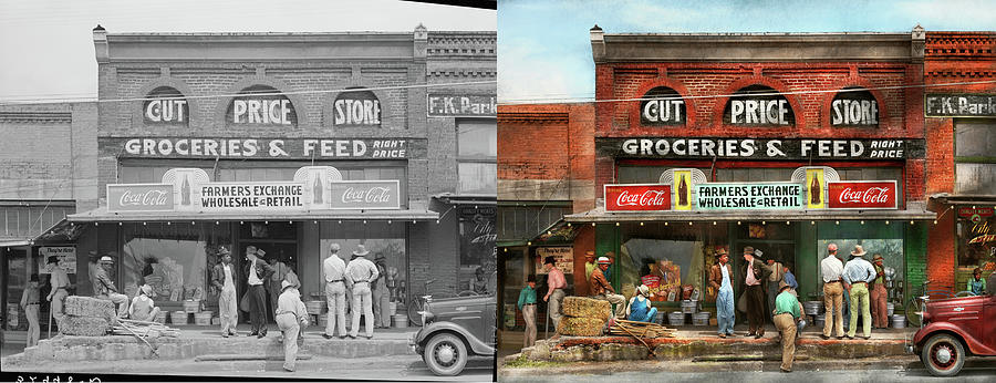 City - San Augustine TX - Farmers Exhange 1939 - Side by Side Photograph by Mike Savad