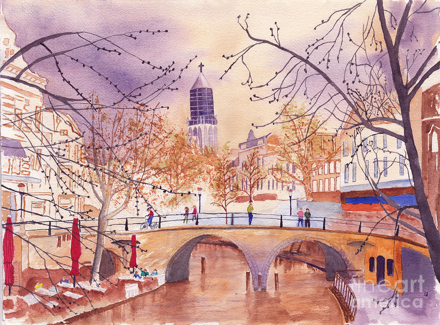 City Scene with Canal and Bridge in the Golden Hour Painting by Conni Schaftenaar