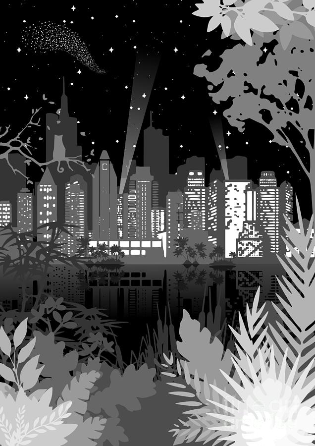 City Skyline At Night, Urban Cityscape Lights Digital Art by Amusing DesignCo