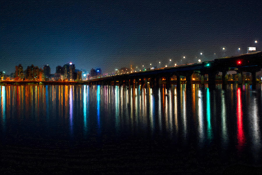 City Skyline Bridge Night Lights Painting by Tony Rubino