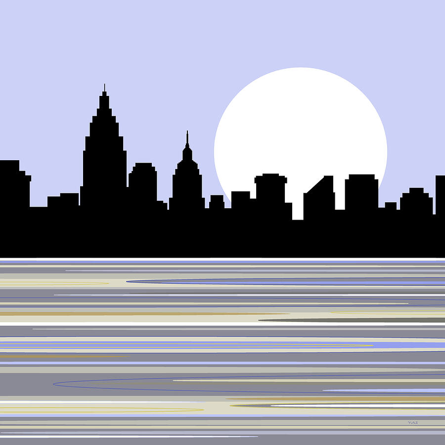 City Skyline Against a Full Moon Digital Art by Val Arie