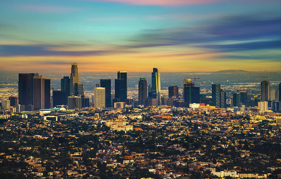 City skyline of Los Angeles downtown in California during sunset ...