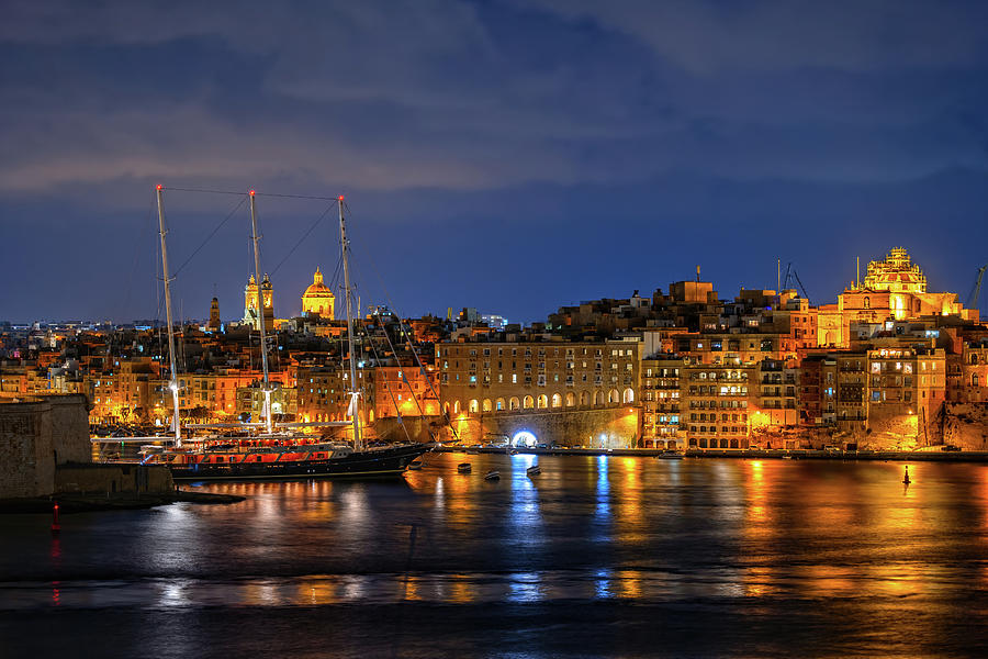 City Skyline of Senglea at Night in Malta Photograph by Artur Bogacki