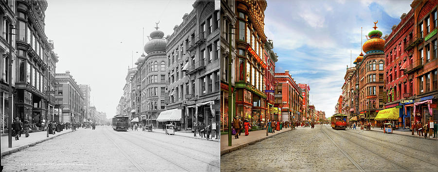 City - Springfield, MA - The architecture on Main Street 1905 - Side by Side Photograph by Mike Savad