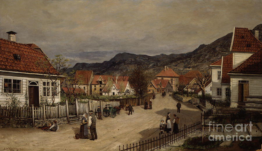 City street with everyday life, 1884 Painting by O Vaering by Nils Andreas Johannesen