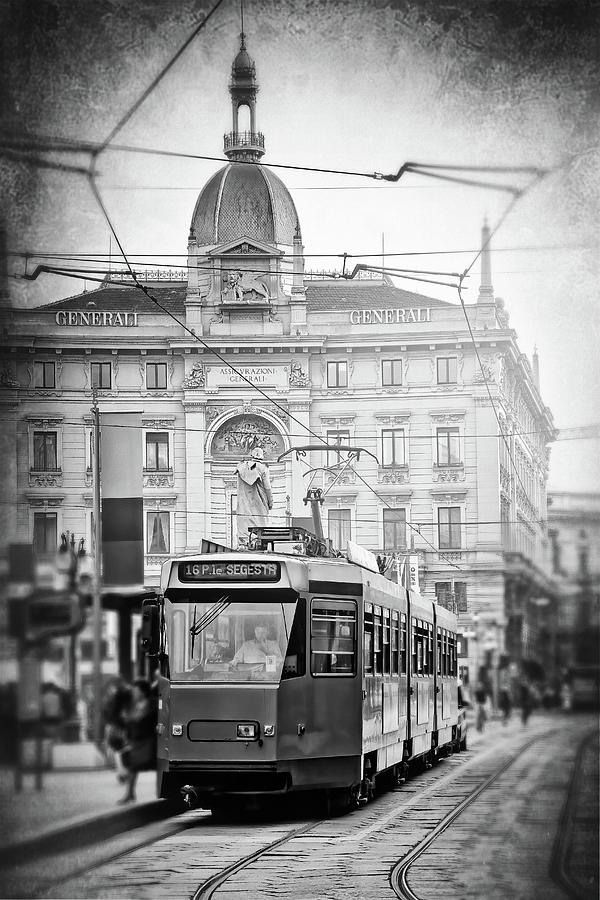 City Trams of Milan Italy Black and White  Photograph by Carol Japp