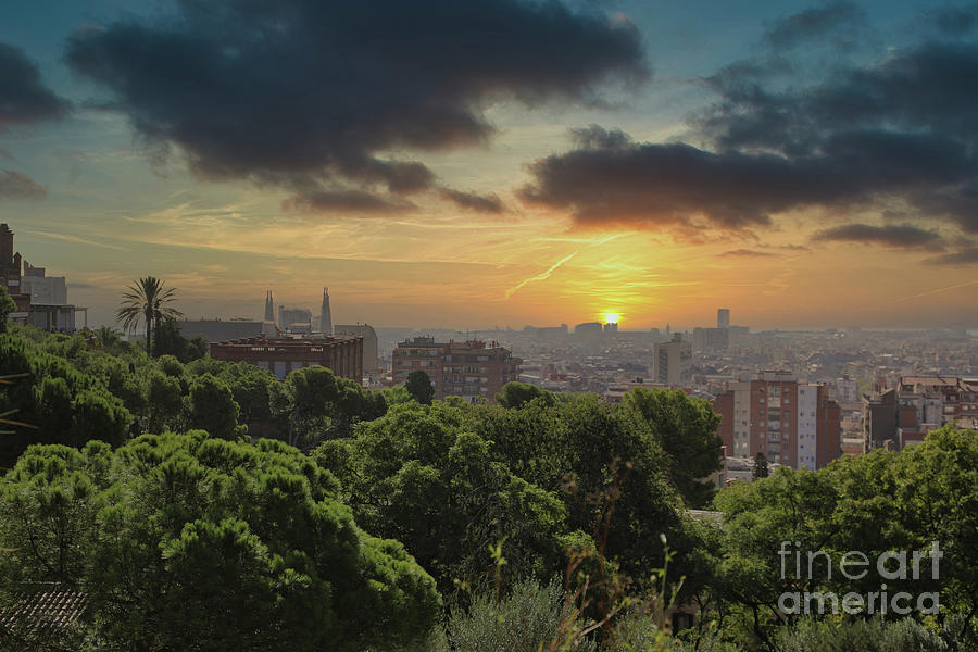 Barcelona Photograph - City View Barcelona Sunset Spain Panorama  by Chuck Kuhn