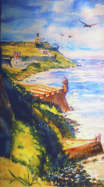 San Juan Puerto Rico Painting - City Wall and Sentry Boxes  San Juan Puerto Rico by Estela Robles
