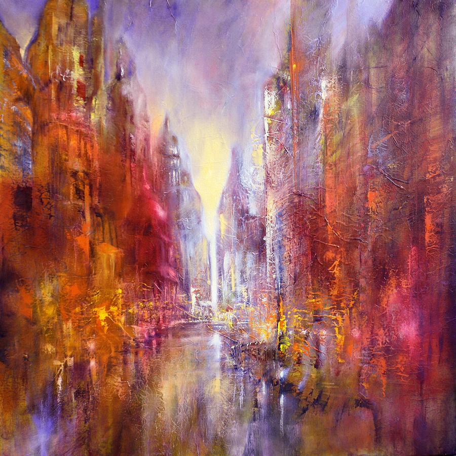 City with a cathedral Painting by Annette Schmucker