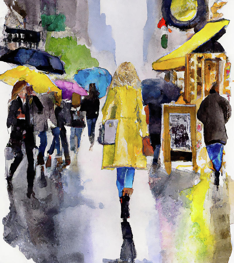 City Woman with Yellow Raincoat Digital Art by Alison Frank