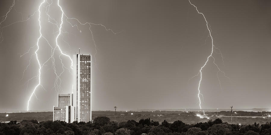 Tulsa Oklahoma Photograph - CityPlex Towers Storm in Sepia - Tulsa Oklahoma Monochrome Panorama by Gregory Ballos