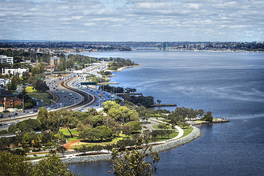 Cityscape and Swan River view from Kings Park, Perth, Western Australia, Australia Photograph by Imagevixen