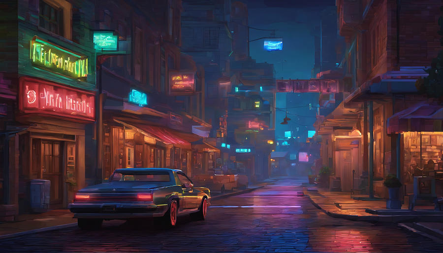 Vintage Digital Art - Cityscape at night with a car by Quik Digicon Art Club