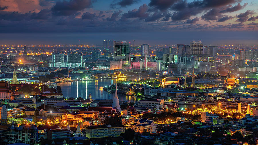 Cityscape of Bangkok city with Wat phra kaew Photograph by Anek Suwannaphoom