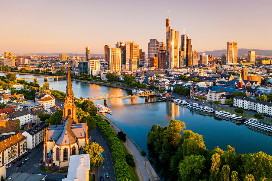 Cityscape of Frankfurt am Main at sunrise. Aerial view Photograph by Anton Petrus