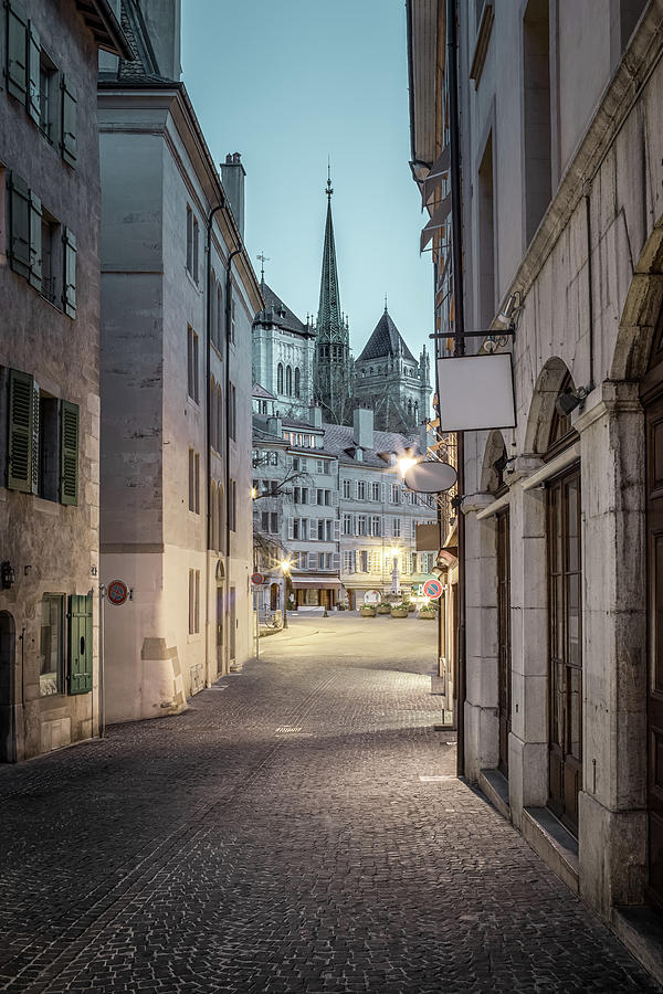Cityscape of the old town of Geneva at blue hour Photograph by Benoit Bruchez