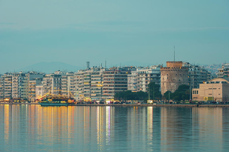 Cityscape of Thessaloniki with White Tower at Blue Hour Photograph by Alexios Ntounas