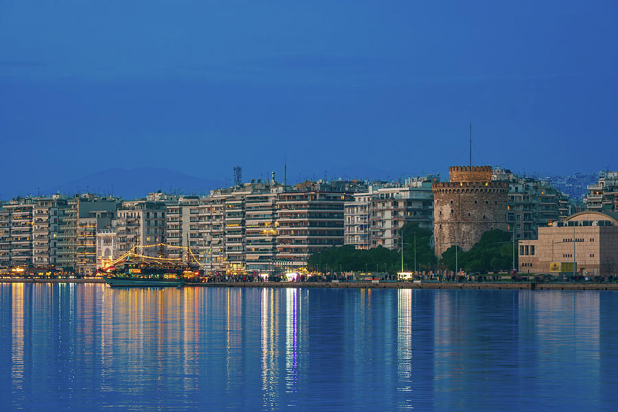 Cityscape of Thessaloniki with White Tower at Twilight Photograph by Alexios Ntounas