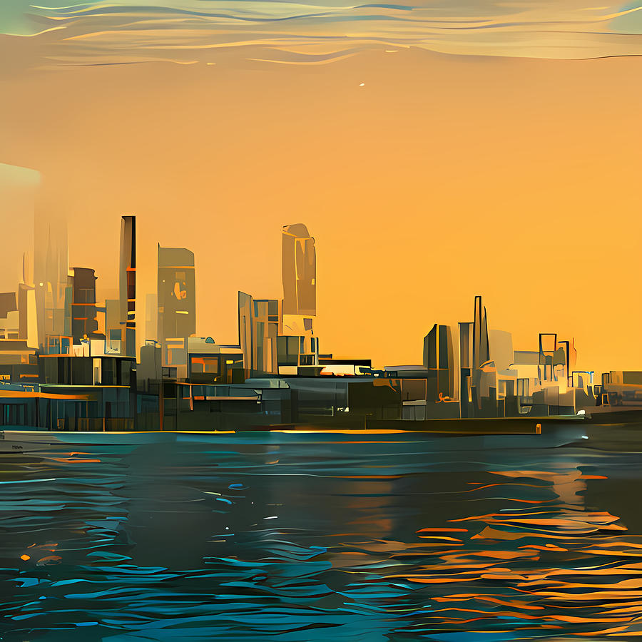 Machine Learning Digital Art - Cityscape on the river by Wes Mussato