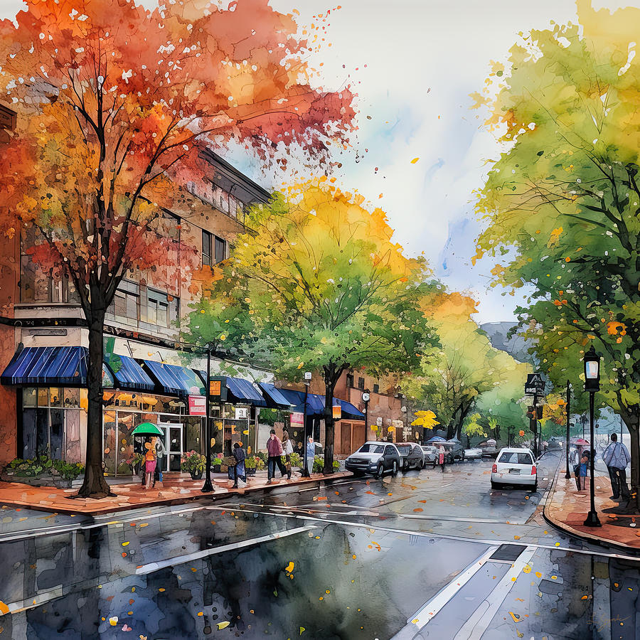 Cityscapes in Fall Colors - Watercolor Impressionist Paintings Painting by Lourry Legarde