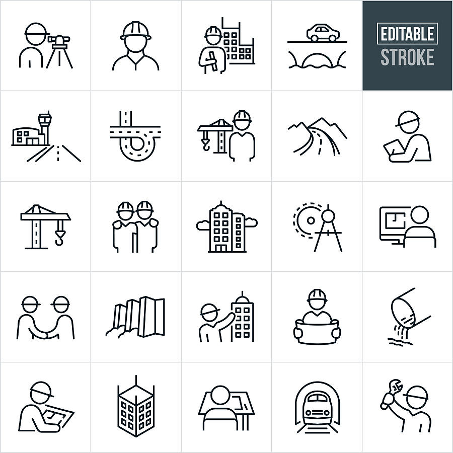 Civil Engineering Thin Line Icons - Editable Stroke Drawing by Appleuzr