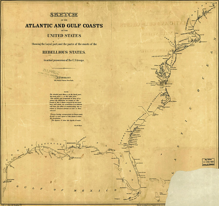 Civil War Map of U.S. Coasts Painting by MotionAge Designs
