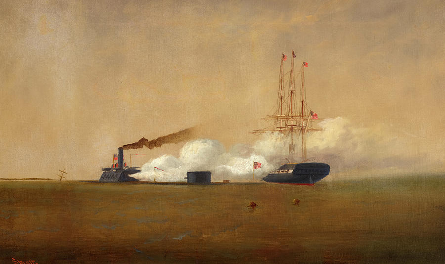 Civil War Naval Battle, The Monitor and the Merrimack, 1862 Painting by
