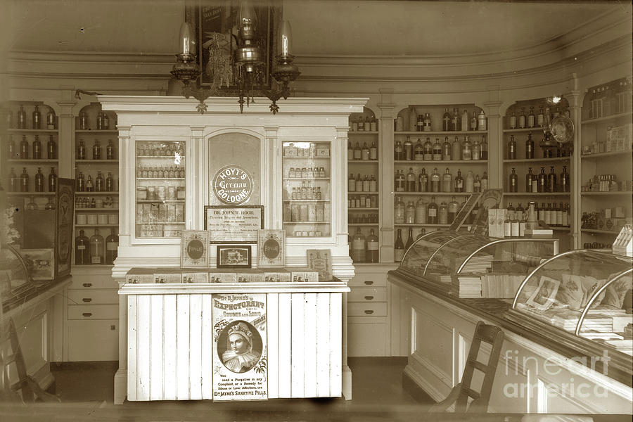 Drugstore Photograph - C.K. Tuttle Drugstore Interior, medicines, pharmacists, pharmacy by Monterey County Historical Society