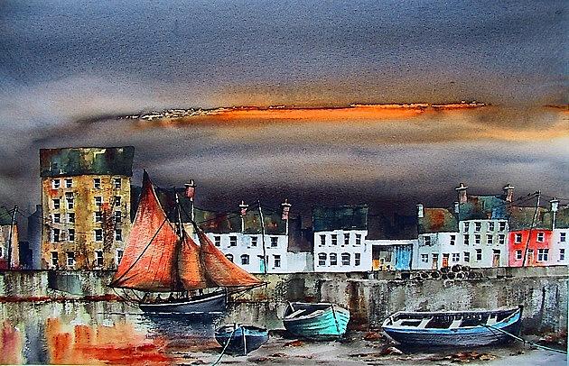 Cladagh Sunset, Galway Citie Painting by Val Byrne