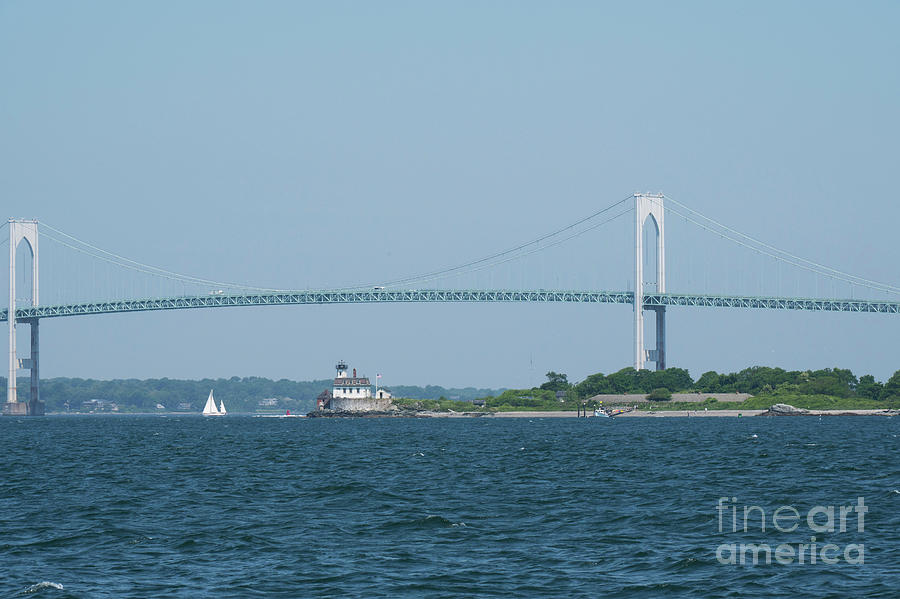 Claiborne Pell Newport Suspension Bridge and Rose Island Lighthouse Photograph by Bob Phillips