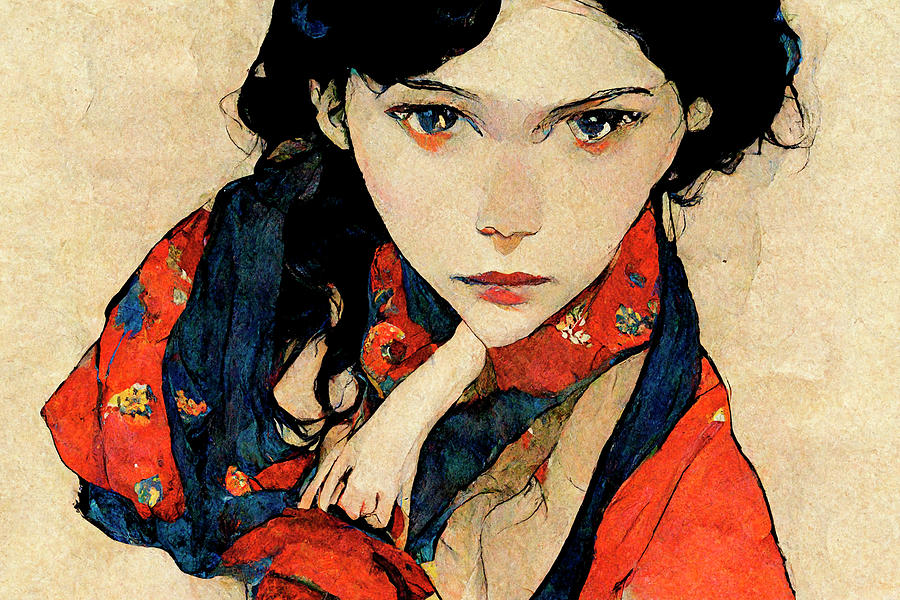 Portrait Digital Art - Clara in a red kimono by Susanne Spiel