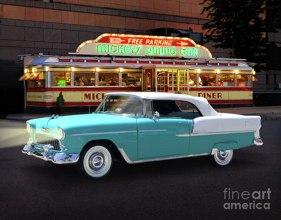 Classic 55 Chevy Convertible At Mickeys Diner Photograph by Ron Long